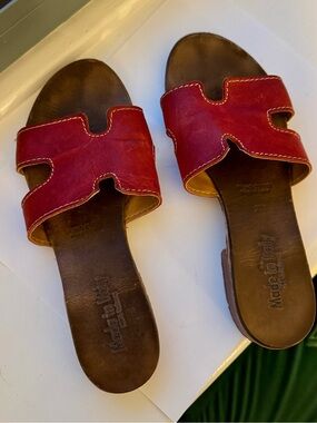 Women's Red Real Leather Slide Sandals. Made in Italy